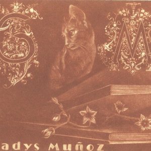 Exlibris Gladys Muñoz, 2015. “Gato, libro con flores e iniciales” C7