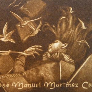 Exlibris José Manuel Martínez Cases, 2013. “Joven durmiendo entre libro y palomas volando”. C7